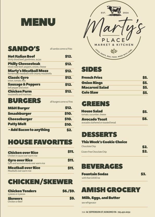 Marty's Place Market & Kitchen printed menu board